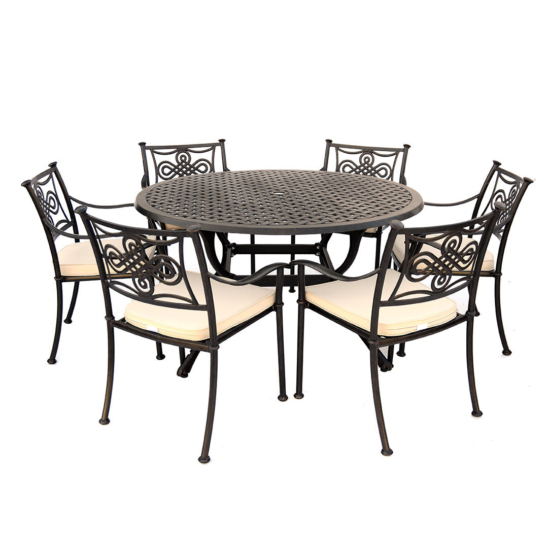 Cast Aluminium 135cm Round Table With 6 Knot Chairs - Black - Regatta